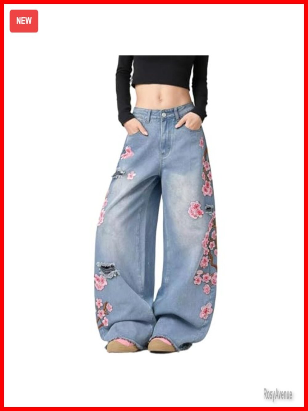 High Waisted Wide Leg Jeans Baggy Denim Floral Embroidered Y2K Streetwear